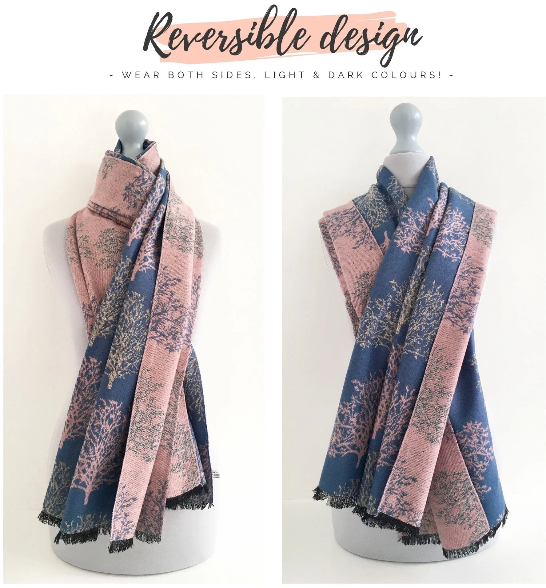 LARGE THICK BLUE BLUSH TREE PRINT REVERSIBLE WINTER SHAWL BLANKET SCARF
