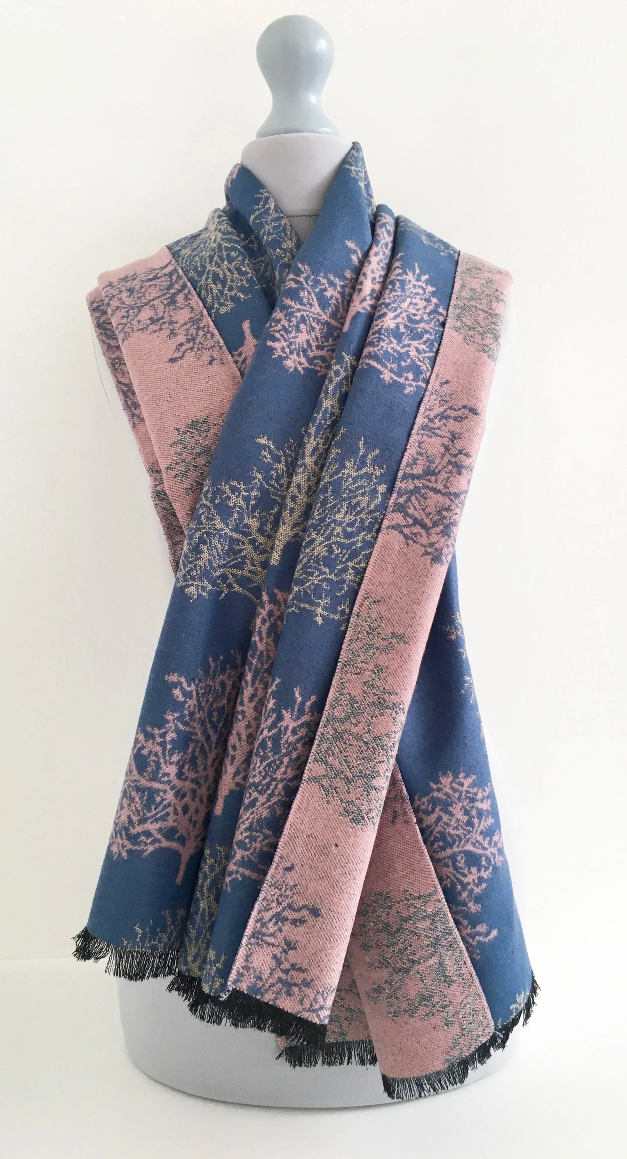 LARGE THICK BLUE BLUSH TREE PRINT REVERSIBLE WINTER SHAWL BLANKET SCARF