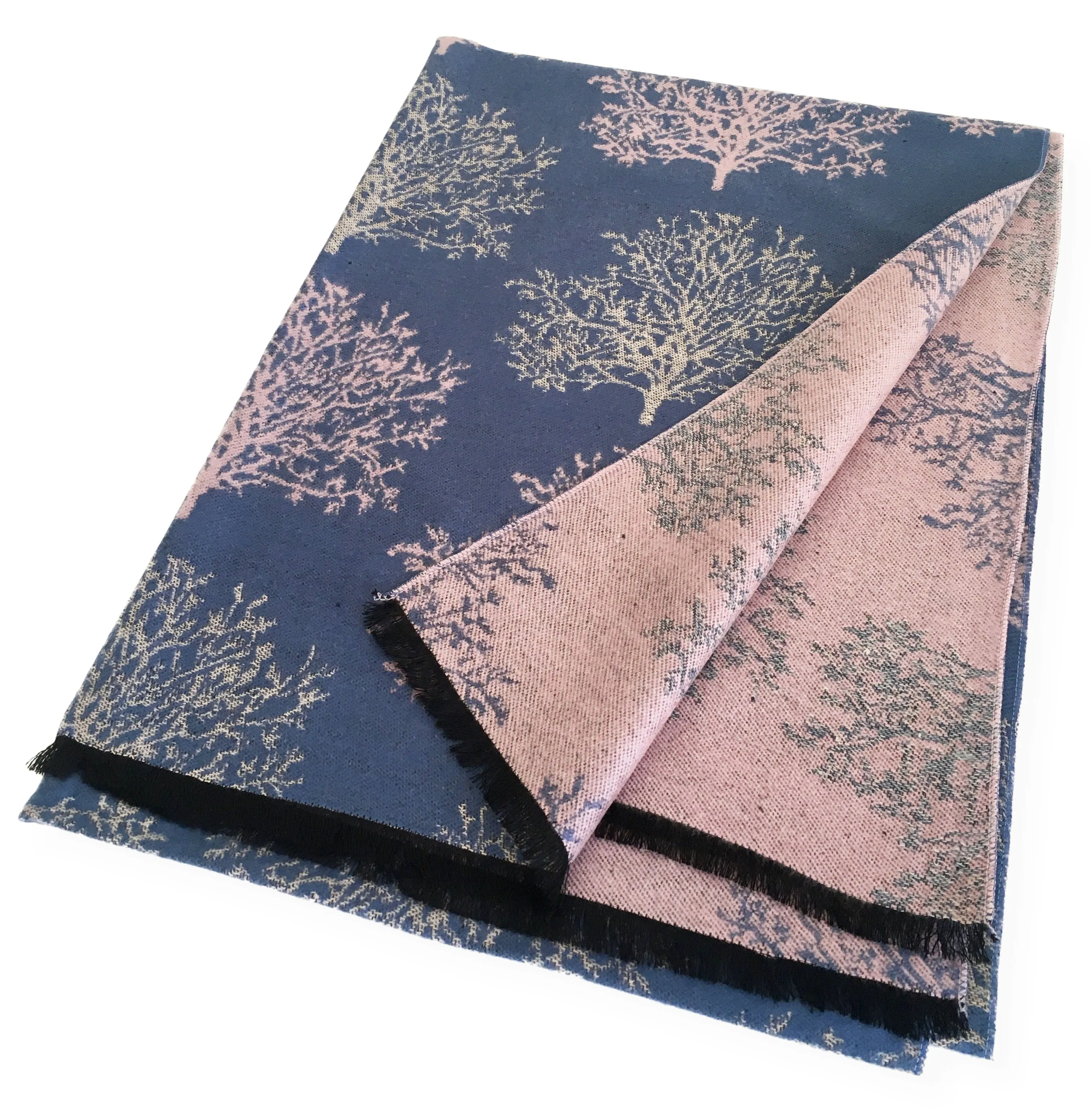 LARGE THICK BLUE BLUSH TREE PRINT REVERSIBLE WINTER SHAWL BLANKET SCARF