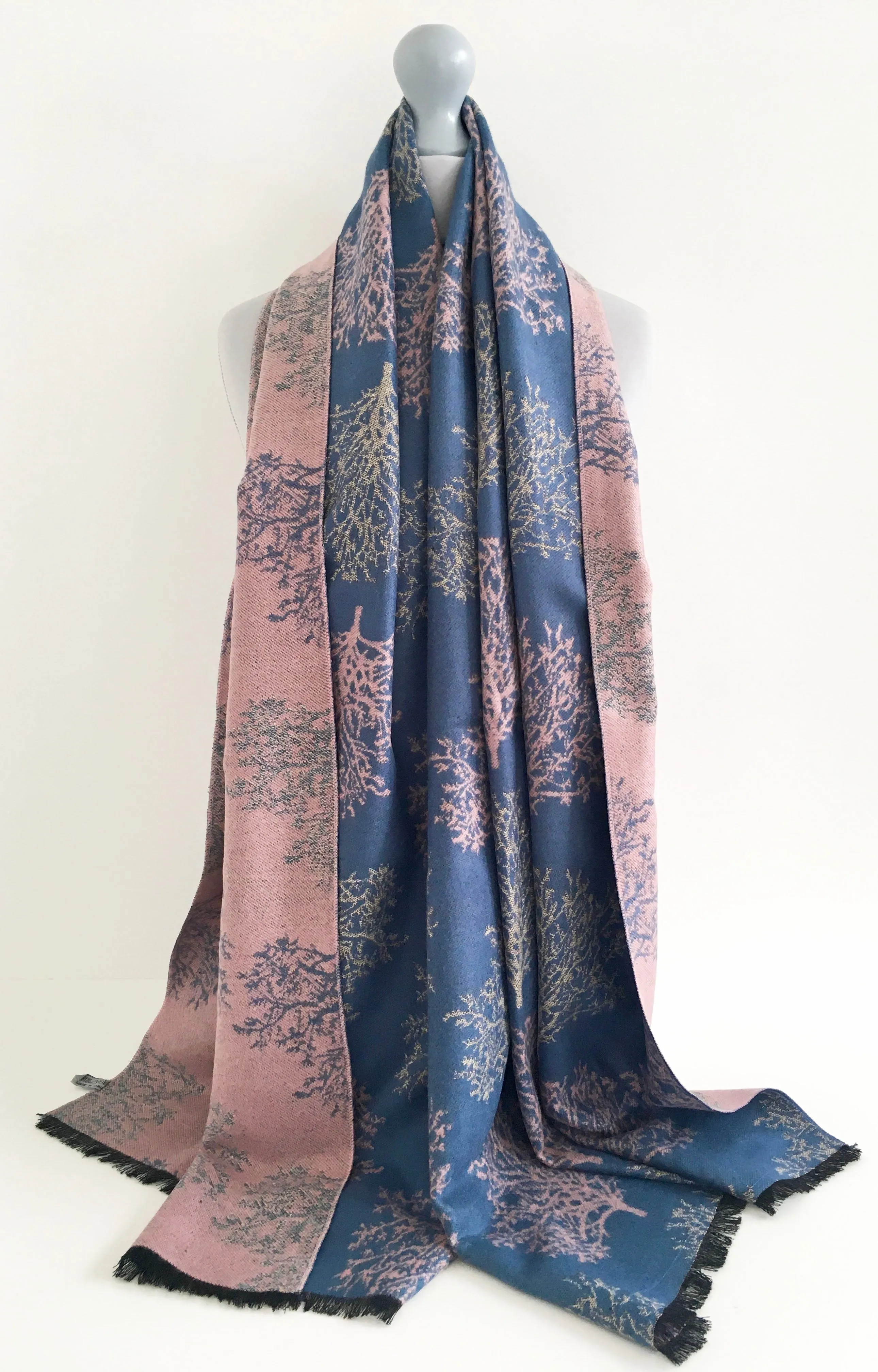LARGE THICK BLUE BLUSH TREE PRINT REVERSIBLE WINTER SHAWL BLANKET SCARF