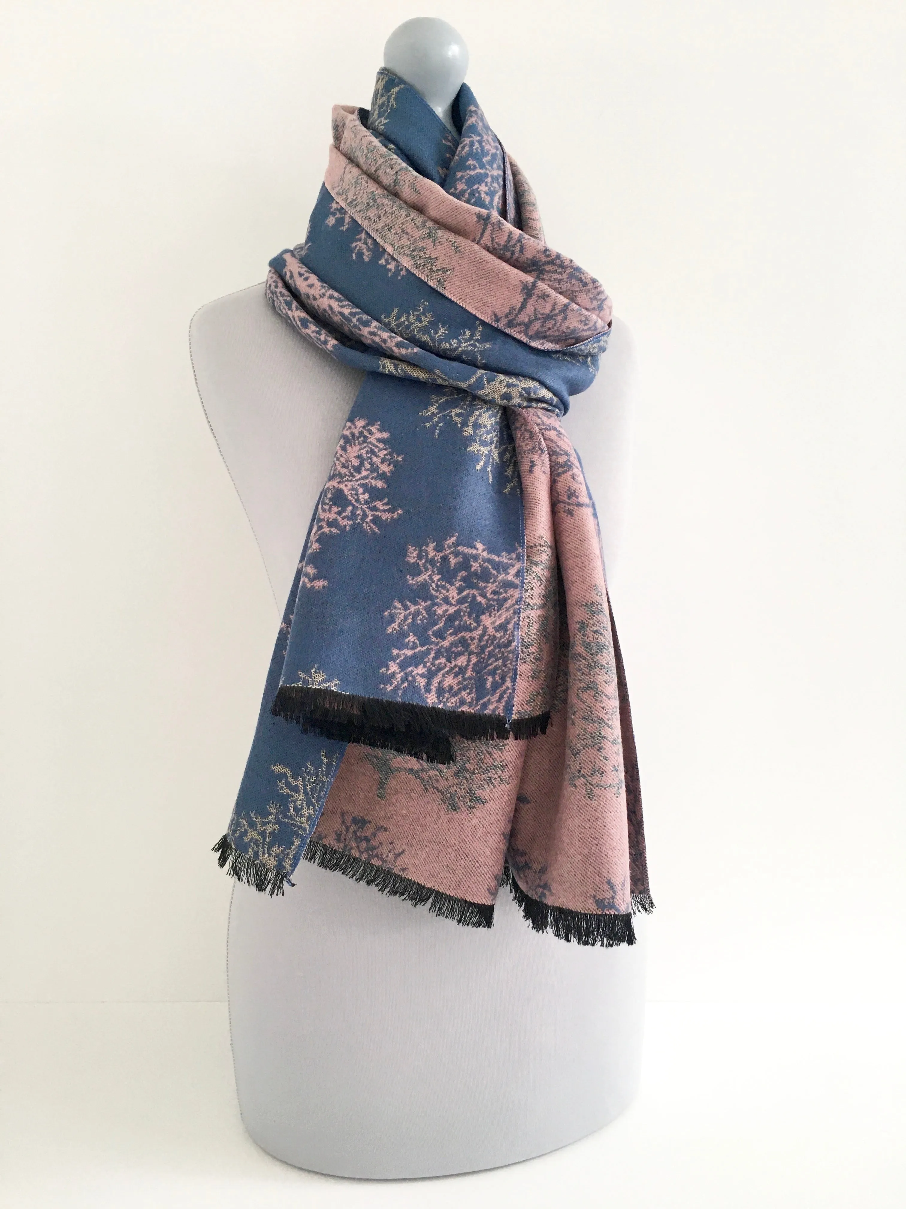 LARGE THICK BLUE BLUSH TREE PRINT REVERSIBLE WINTER SHAWL BLANKET SCARF
