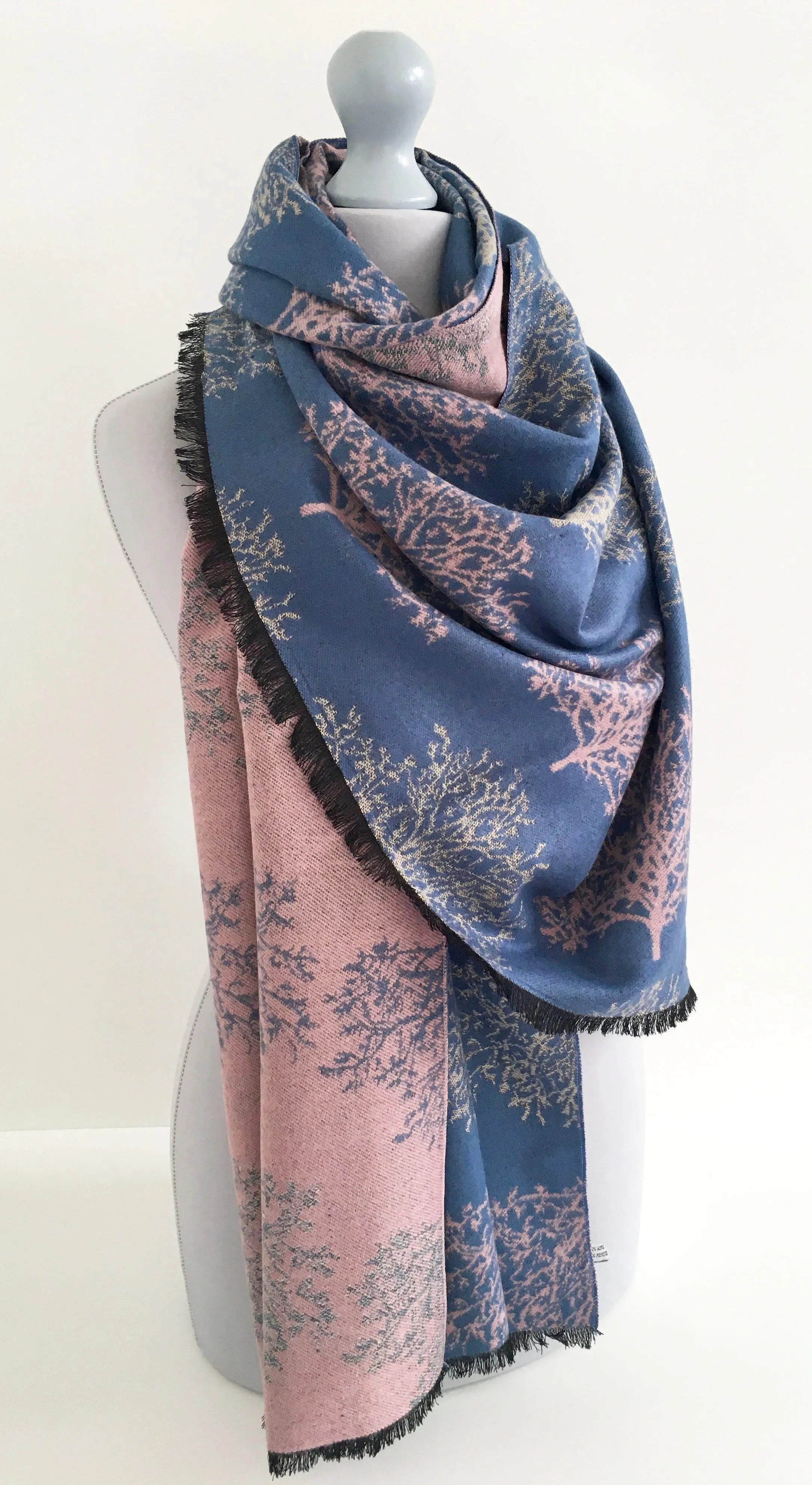 LARGE THICK BLUE BLUSH TREE PRINT REVERSIBLE WINTER SHAWL BLANKET SCARF