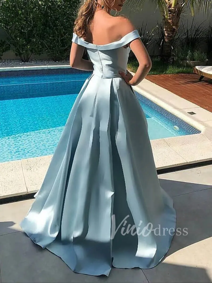 Light Blue Off the Shoulder Prom Dresses with Pockets FD1573