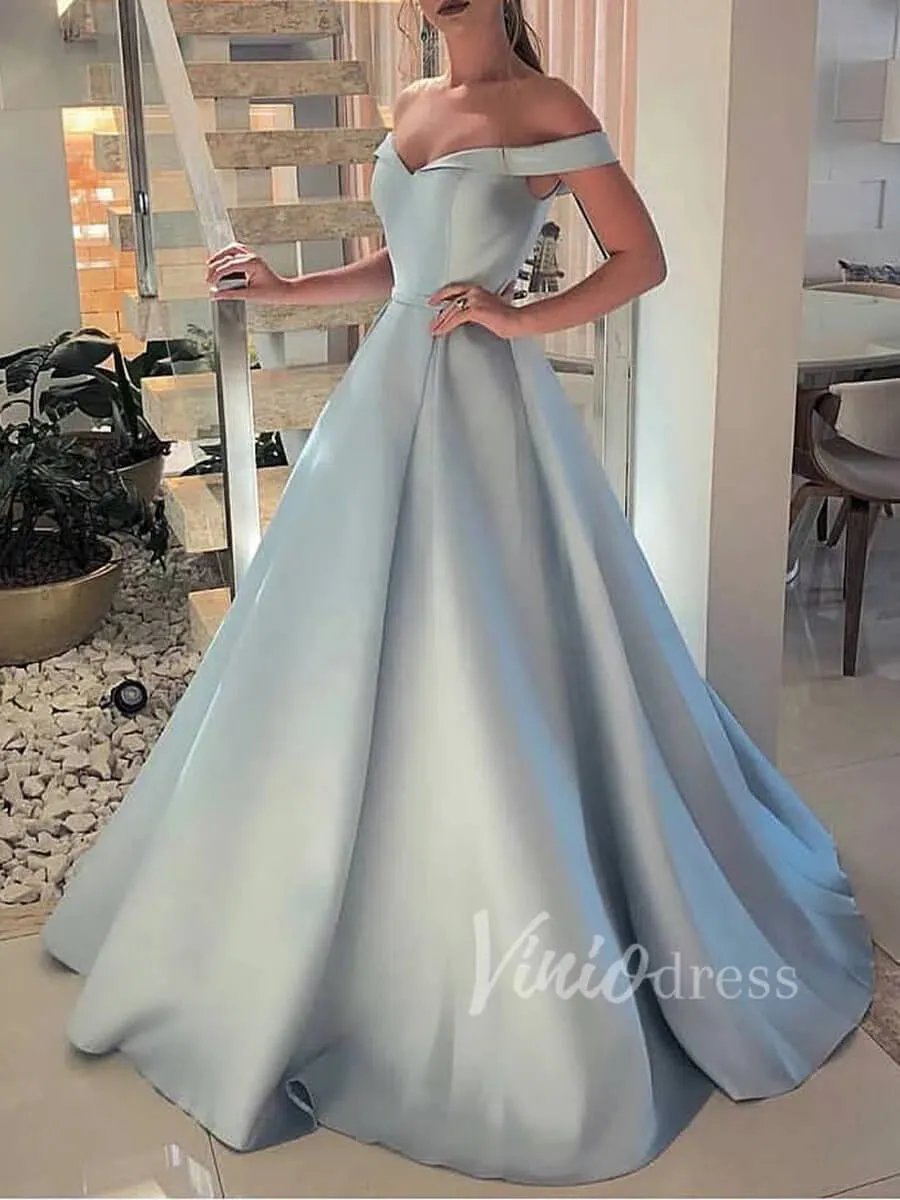 Light Blue Off the Shoulder Prom Dresses with Pockets FD1573