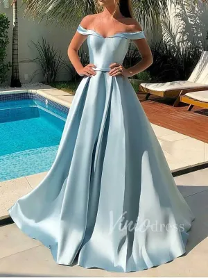Light Blue Off the Shoulder Prom Dresses with Pockets FD1573