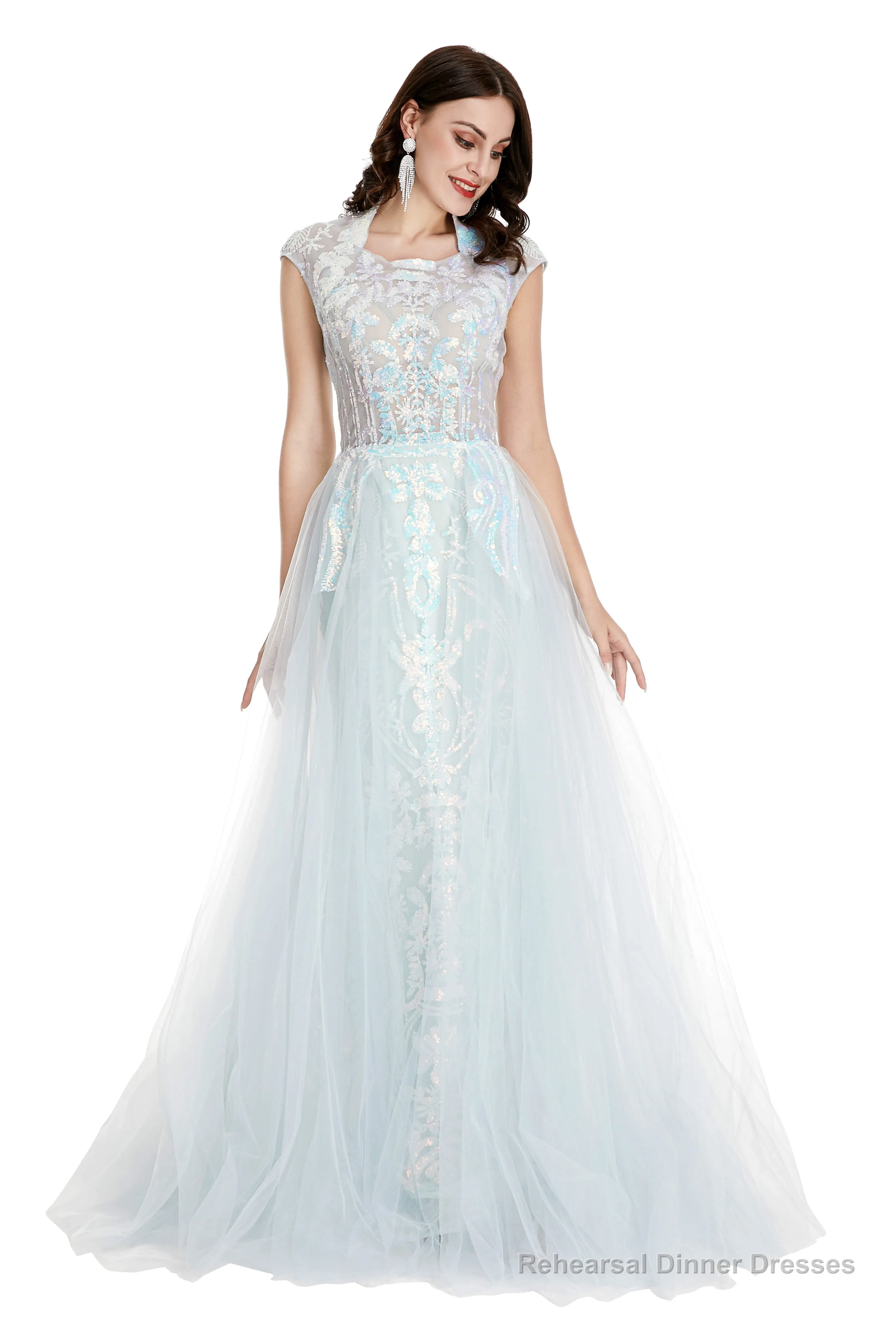Light Blue Tulle Sequins Appliques Cap Sleeve Prom Dresses