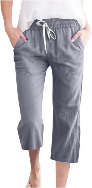 Linen Capri Pants for Women Summer Beach Straight Wide Leg Cropped Trouser Elastic Waist Drawstring Casual Pants