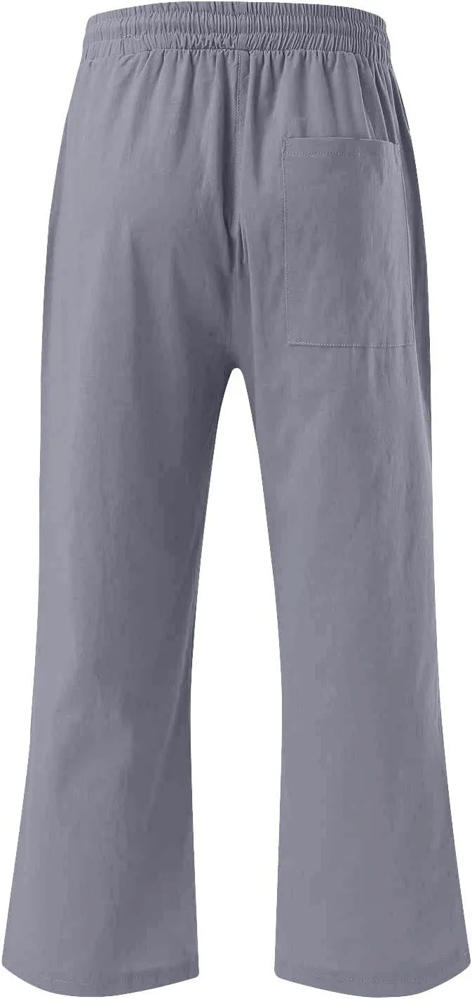 Linen Capri Pants for Women Summer Beach Straight Wide Leg Cropped Trouser Elastic Waist Drawstring Casual Pants