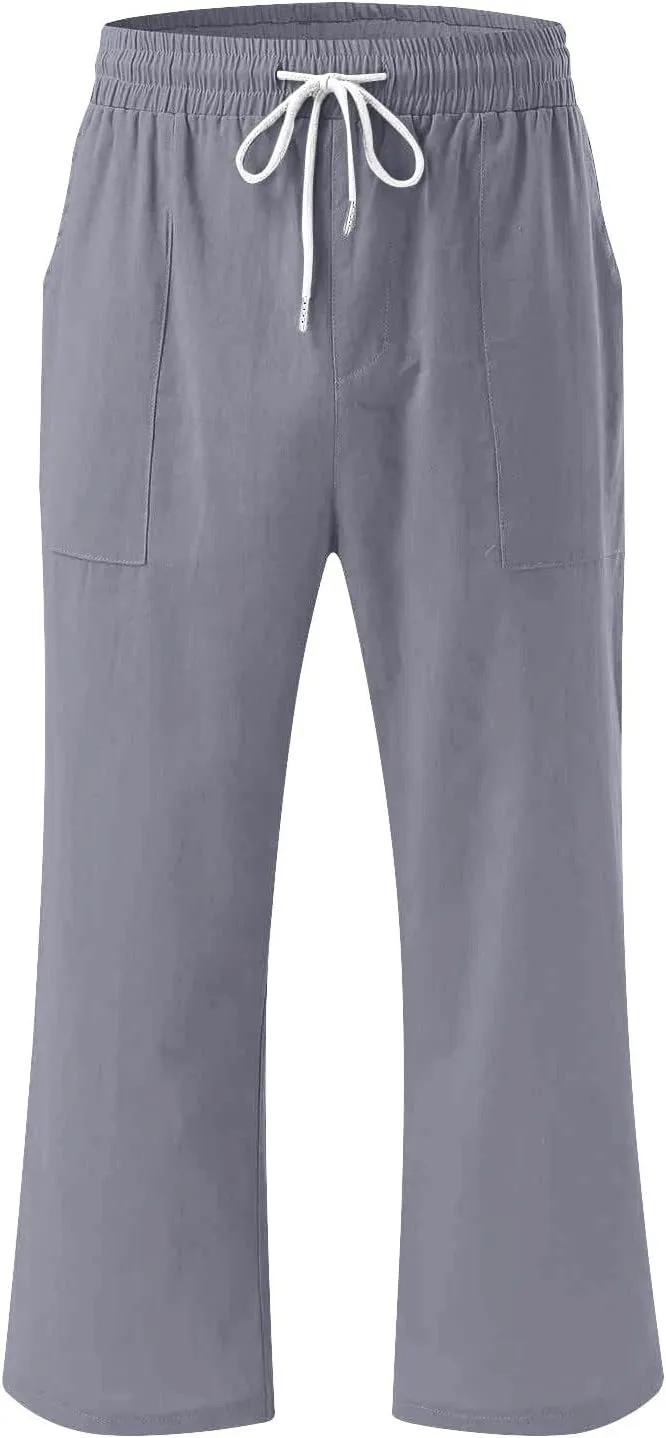 Linen Capri Pants for Women Summer Beach Straight Wide Leg Cropped Trouser Elastic Waist Drawstring Casual Pants