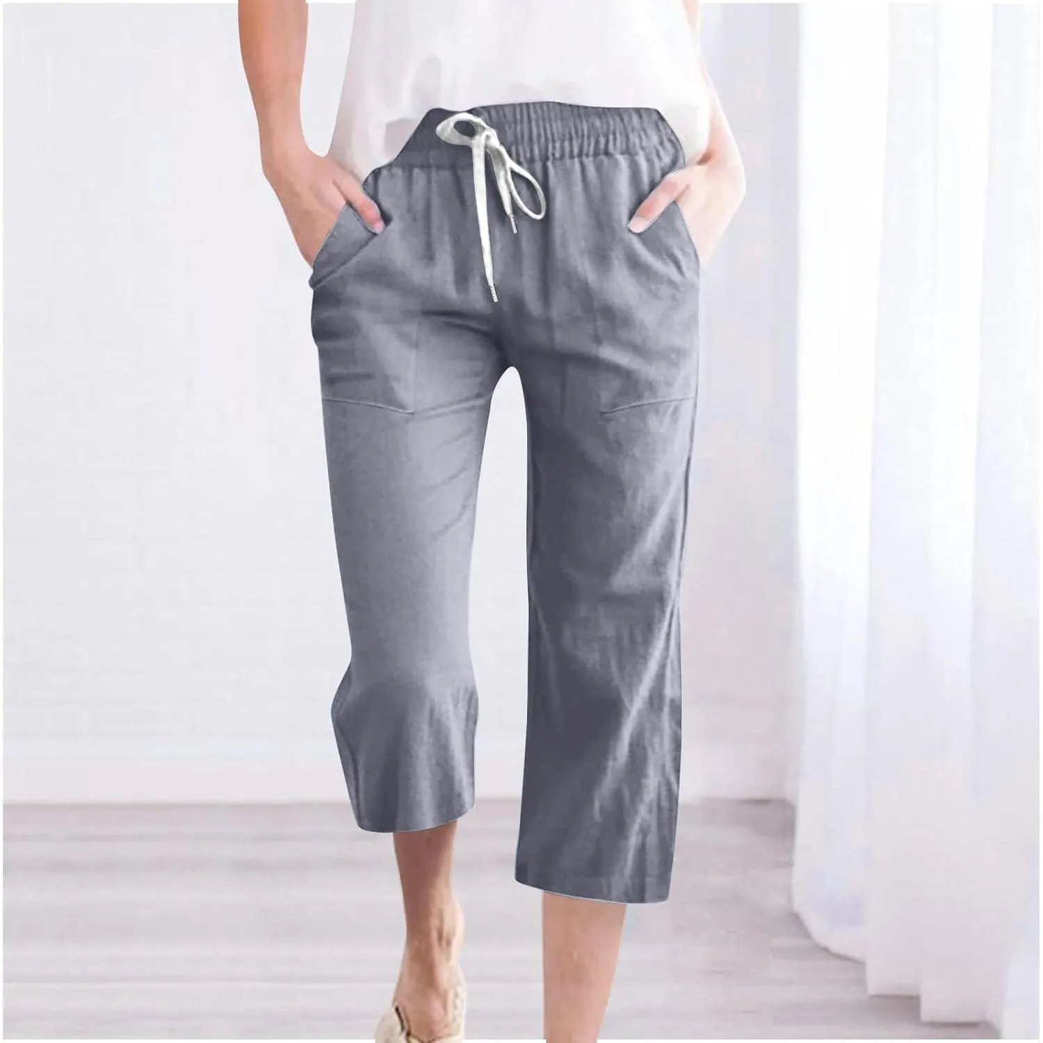 Linen Capri Pants for Women Summer Beach Straight Wide Leg Cropped Trouser Elastic Waist Drawstring Casual Pants