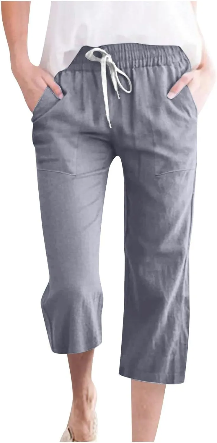 Linen Capri Pants for Women Summer Beach Straight Wide Leg Cropped Trouser Elastic Waist Drawstring Casual Pants