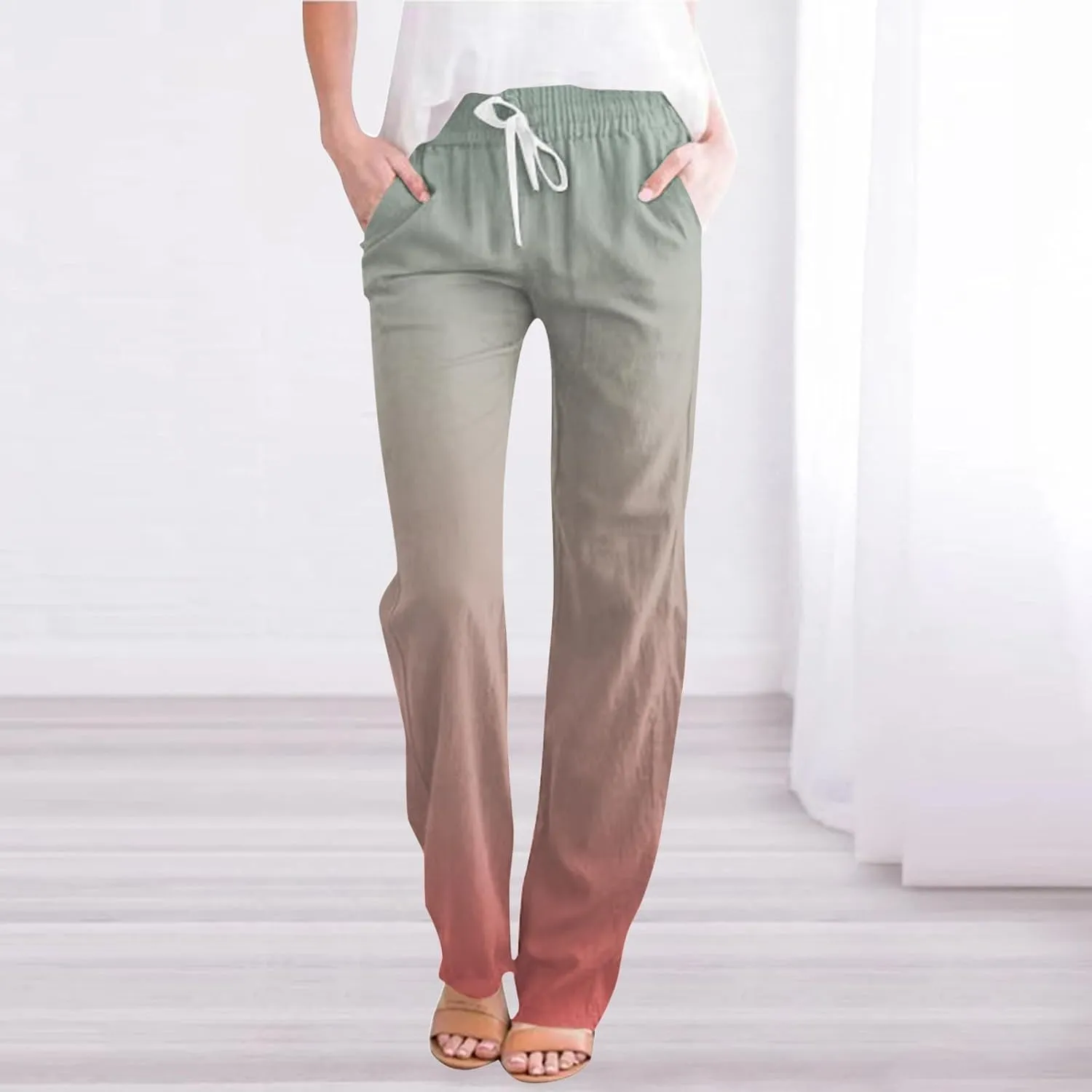 Linen Pants for Women Casual Summer Loose Boho Straight Leg High Waist Solid Color Linen Pants Breathable Ankle Trousers