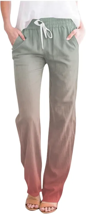 Linen Pants for Women Casual Summer Loose Boho Straight Leg High Waist Solid Color Linen Pants Breathable Ankle Trousers