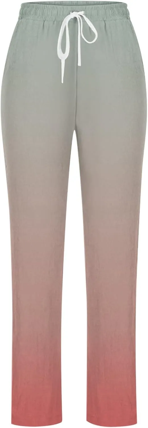 Linen Pants for Women Casual Summer Loose Boho Straight Leg High Waist Solid Color Linen Pants Breathable Ankle Trousers