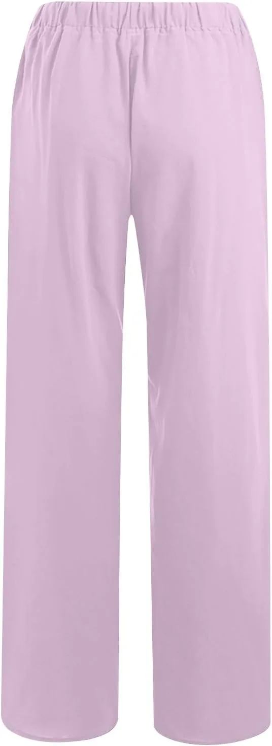 Lmdudan Wide Leg Linen Pants Women Drawstring Elastic Waist Palazzo Pants Casual Dressy Trousers Summer Clothes with Pockets