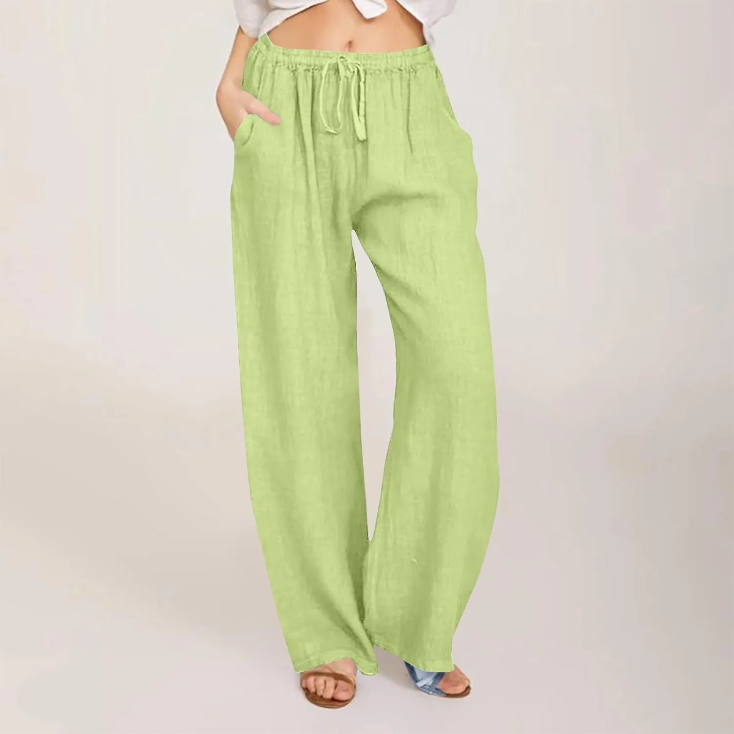 Lmdudan Wide Leg Linen Pants Women Drawstring Elastic Waist Palazzo Pants Casual Dressy Trousers Summer Clothes with Pockets