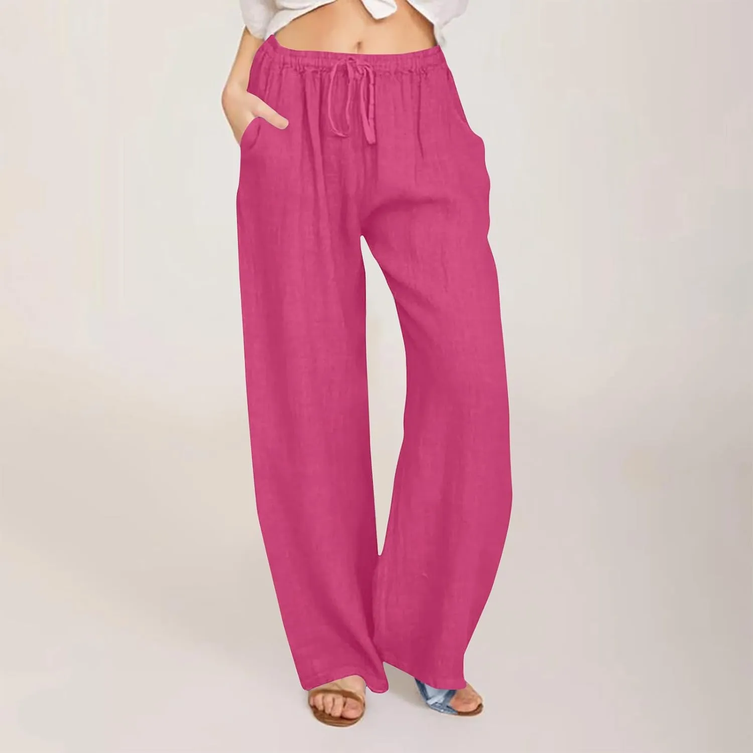 Lmdudan Wide Leg Linen Pants Women Drawstring Elastic Waist Palazzo Pants Casual Dressy Trousers Summer Clothes with Pockets