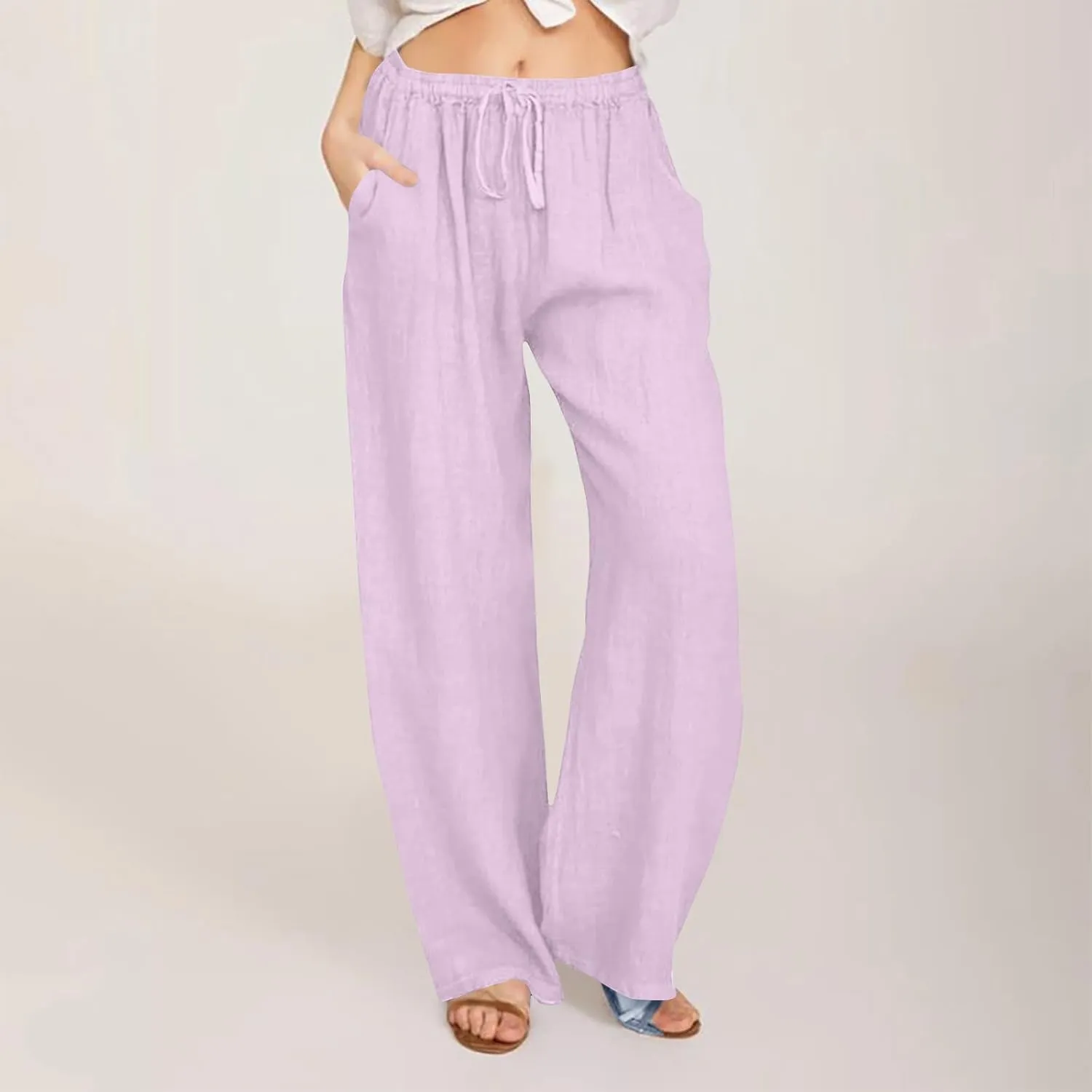 Lmdudan Wide Leg Linen Pants Women Drawstring Elastic Waist Palazzo Pants Casual Dressy Trousers Summer Clothes with Pockets