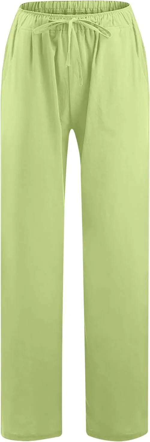 Lmdudan Wide Leg Linen Pants Women Drawstring Elastic Waist Palazzo Pants Casual Dressy Trousers Summer Clothes with Pockets