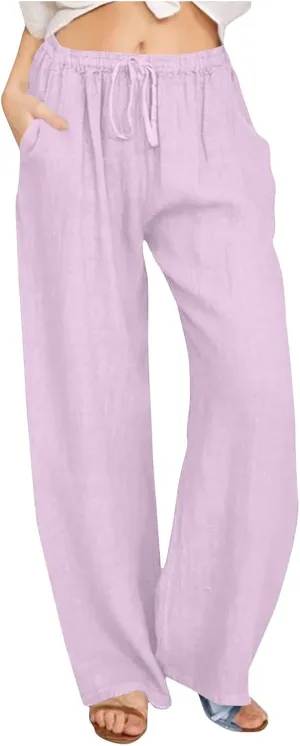 Lmdudan Wide Leg Linen Pants Women Drawstring Elastic Waist Palazzo Pants Casual Dressy Trousers Summer Clothes with Pockets