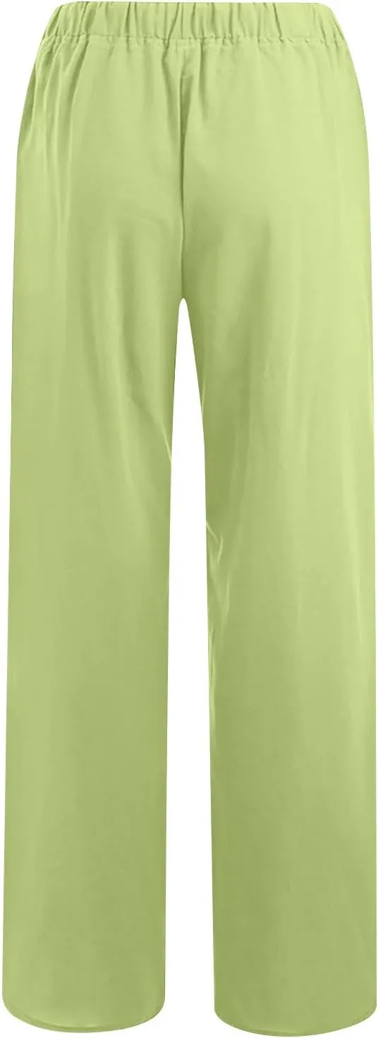 Lmdudan Wide Leg Linen Pants Women Drawstring Elastic Waist Palazzo Pants Casual Dressy Trousers Summer Clothes with Pockets