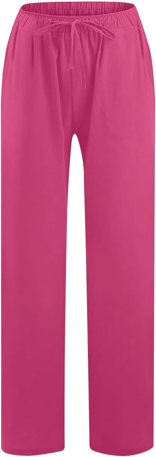 Lmdudan Wide Leg Linen Pants Women Drawstring Elastic Waist Palazzo Pants Casual Dressy Trousers Summer Clothes with Pockets