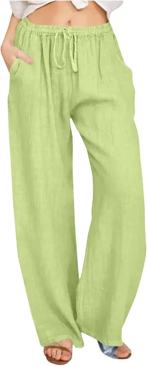 Lmdudan Wide Leg Linen Pants Women Drawstring Elastic Waist Palazzo Pants Casual Dressy Trousers Summer Clothes with Pockets