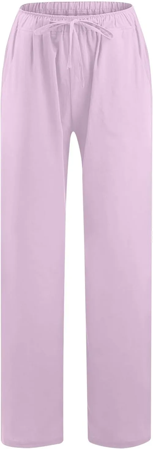 Lmdudan Wide Leg Linen Pants Women Drawstring Elastic Waist Palazzo Pants Casual Dressy Trousers Summer Clothes with Pockets