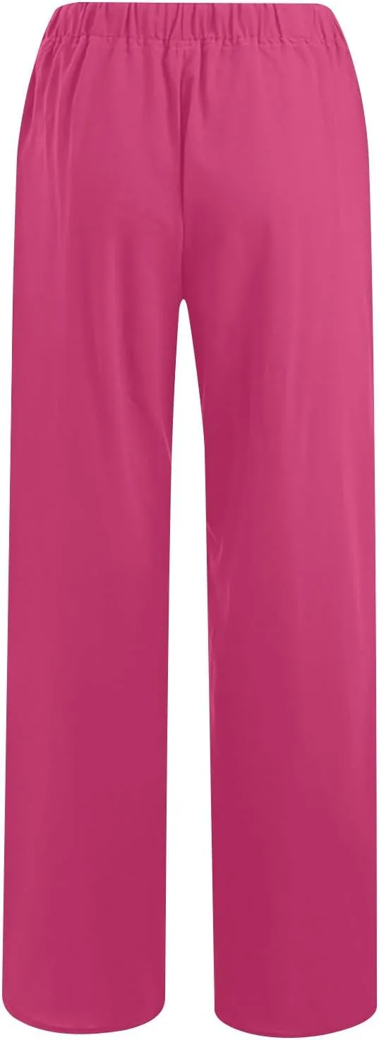 Lmdudan Wide Leg Linen Pants Women Drawstring Elastic Waist Palazzo Pants Casual Dressy Trousers Summer Clothes with Pockets