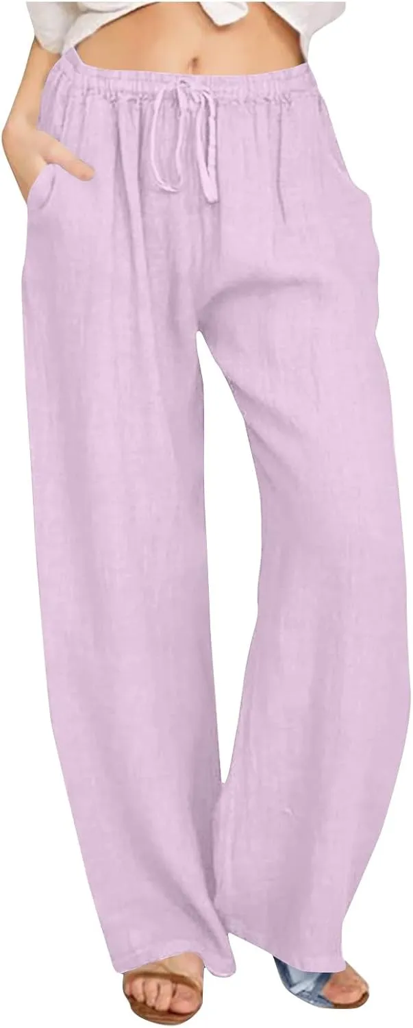 Lmdudan Wide Leg Linen Pants Women Drawstring Elastic Waist Palazzo Pants Casual Dressy Trousers Summer Clothes with Pockets