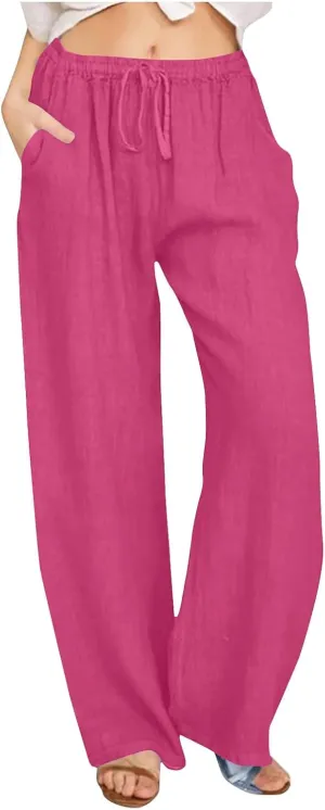 Lmdudan Wide Leg Linen Pants Women Drawstring Elastic Waist Palazzo Pants Casual Dressy Trousers Summer Clothes with Pockets