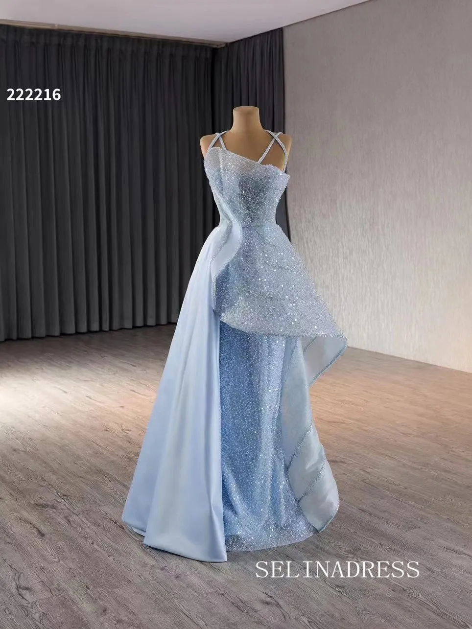 Luxury Light Sky Blue Straps Sequins Long Formal Dresses Evening Dress 222216