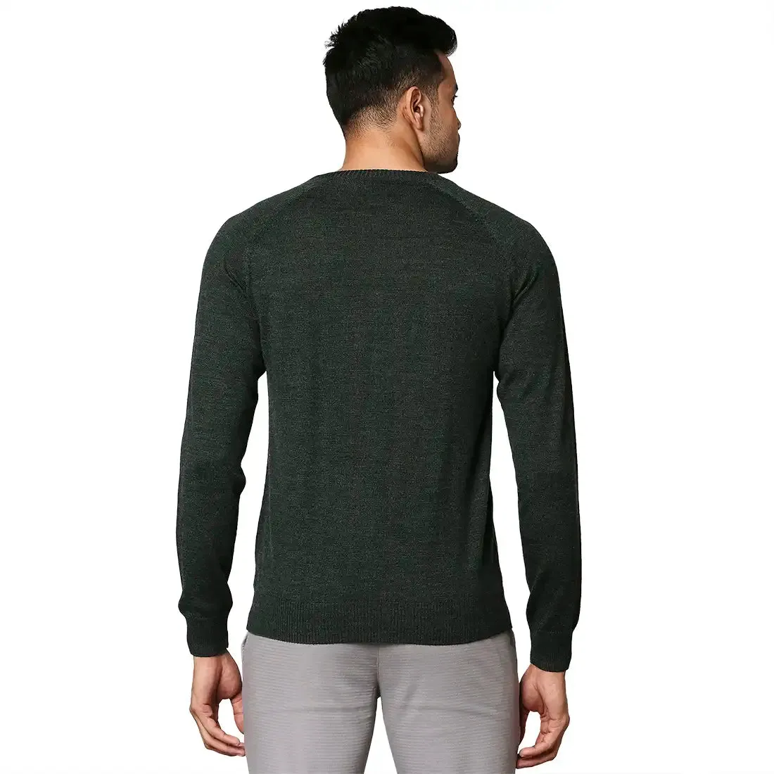Men Green Structure Cable Wool Blend Round Collar Sweaters