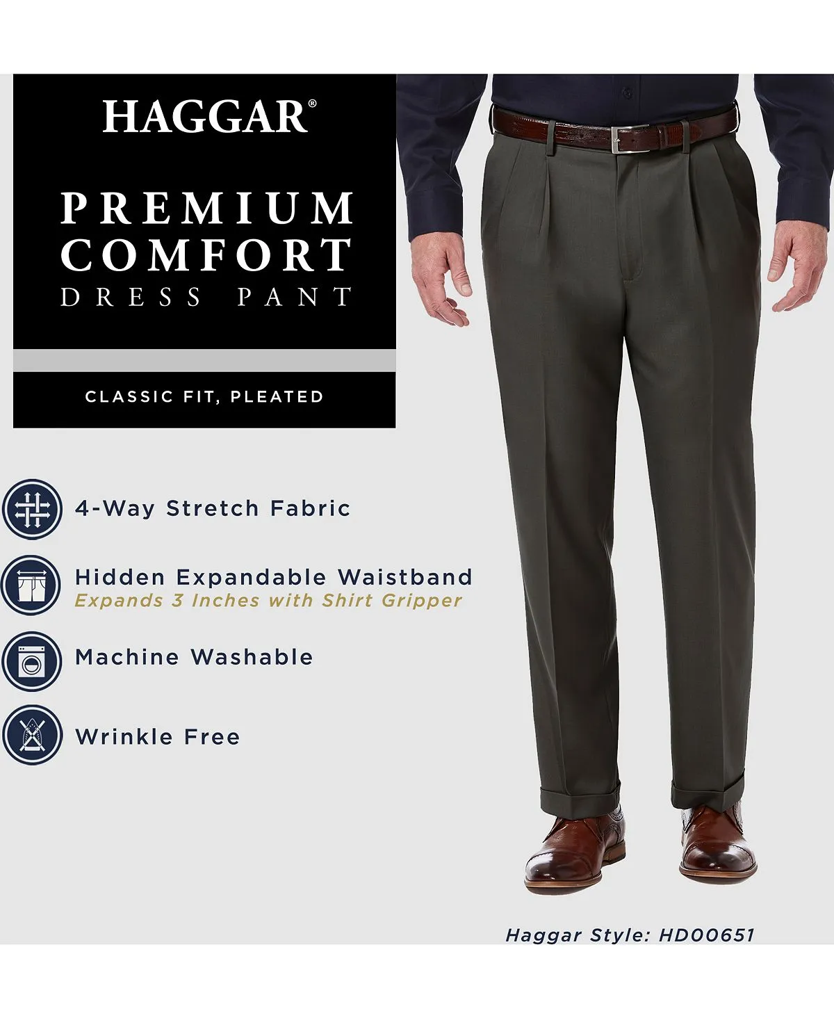 Men's Premium Plain Pleated Classic Pants Comfort Stretch Classic-Fit Haggar , multi