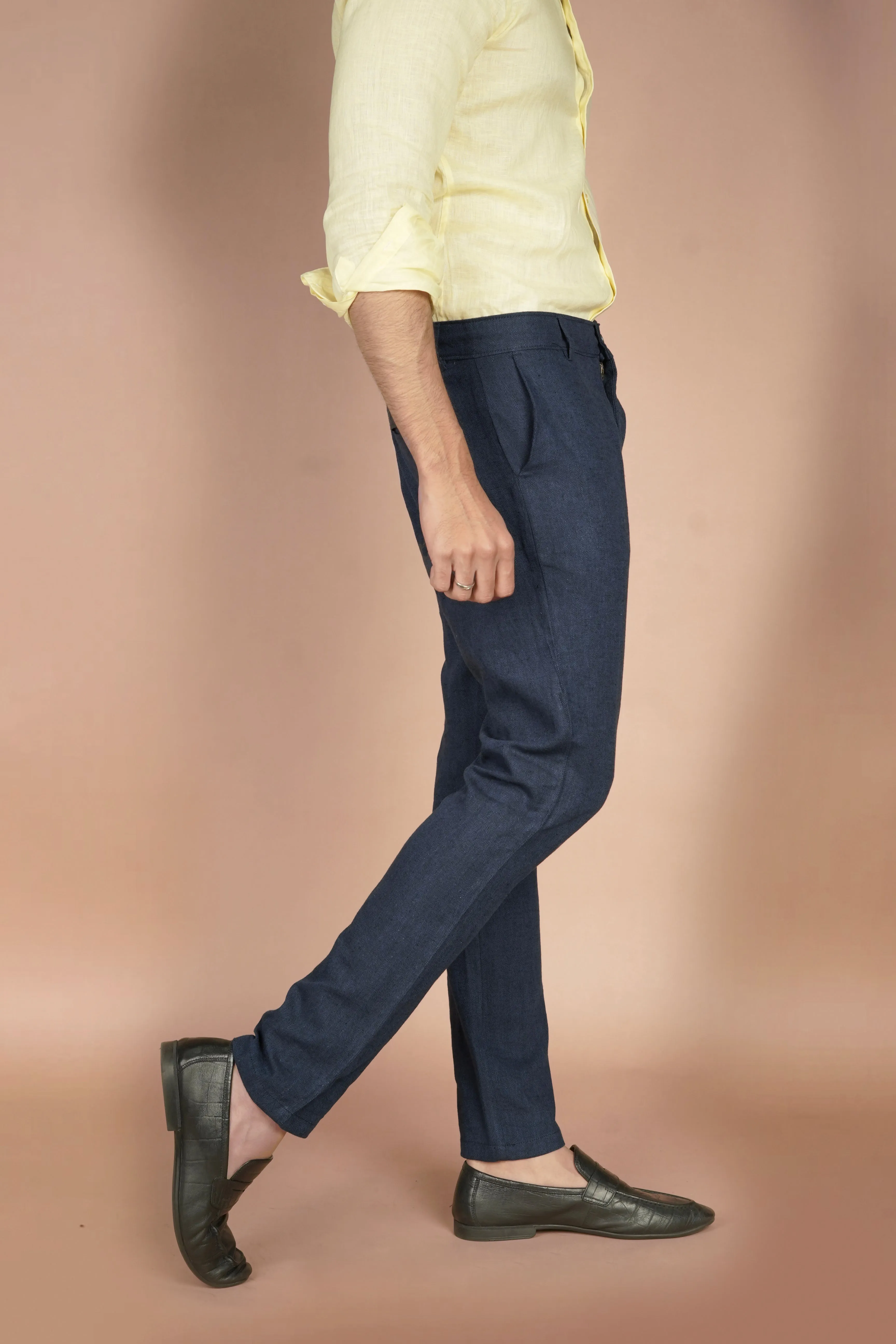 Navy Blue Herringbone Linen Trousers