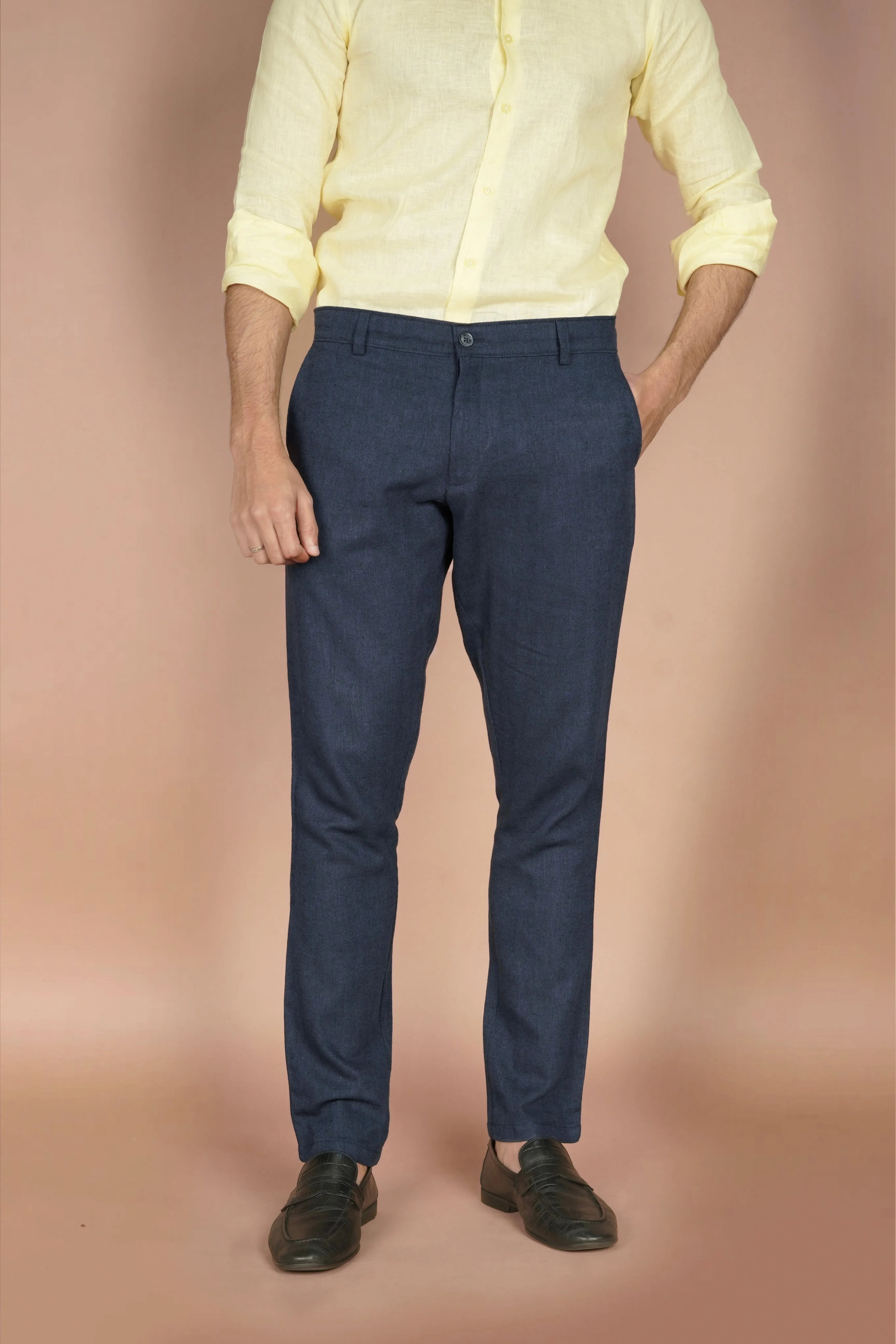 Navy Blue Herringbone Linen Trousers