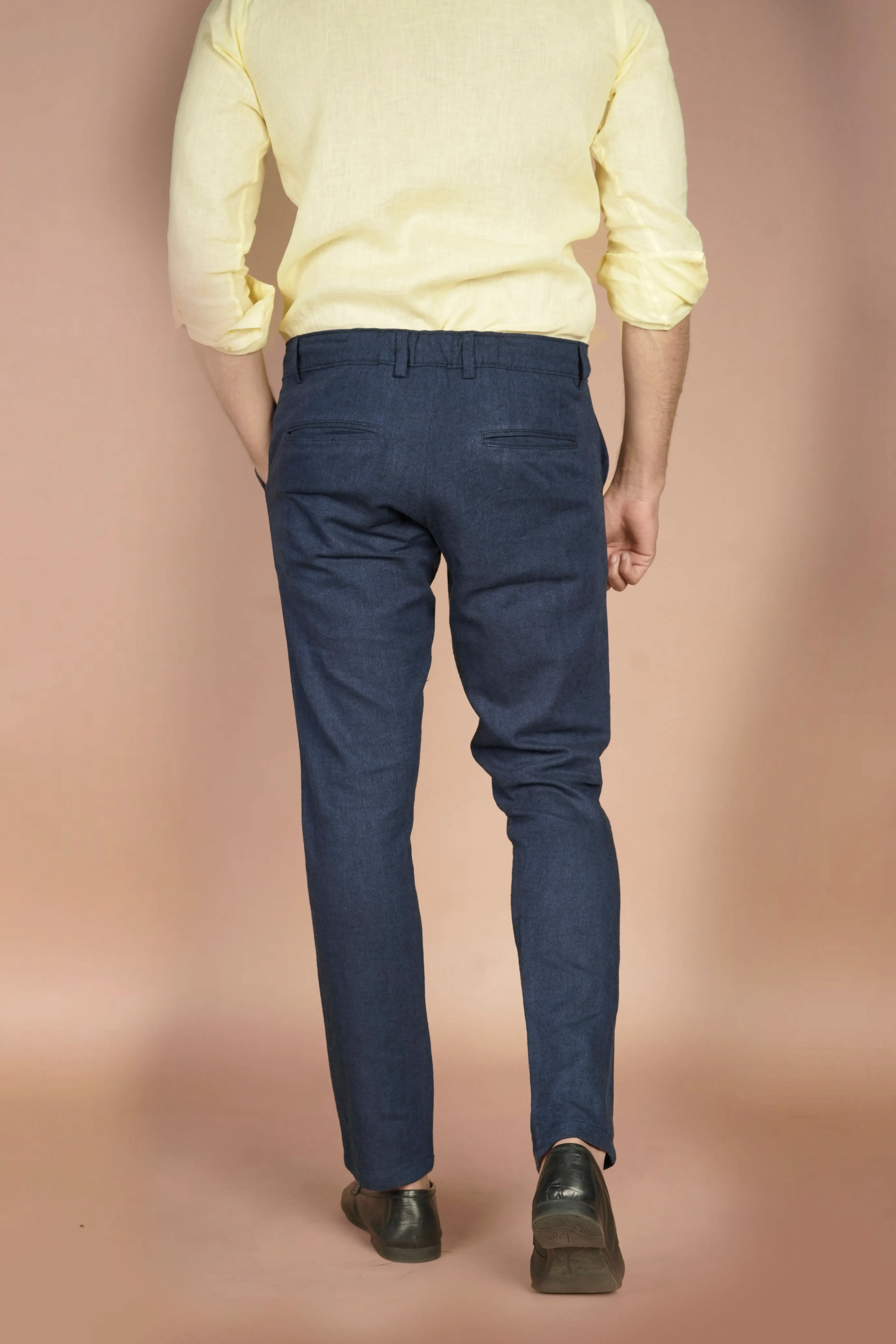 Navy Blue Herringbone Linen Trousers