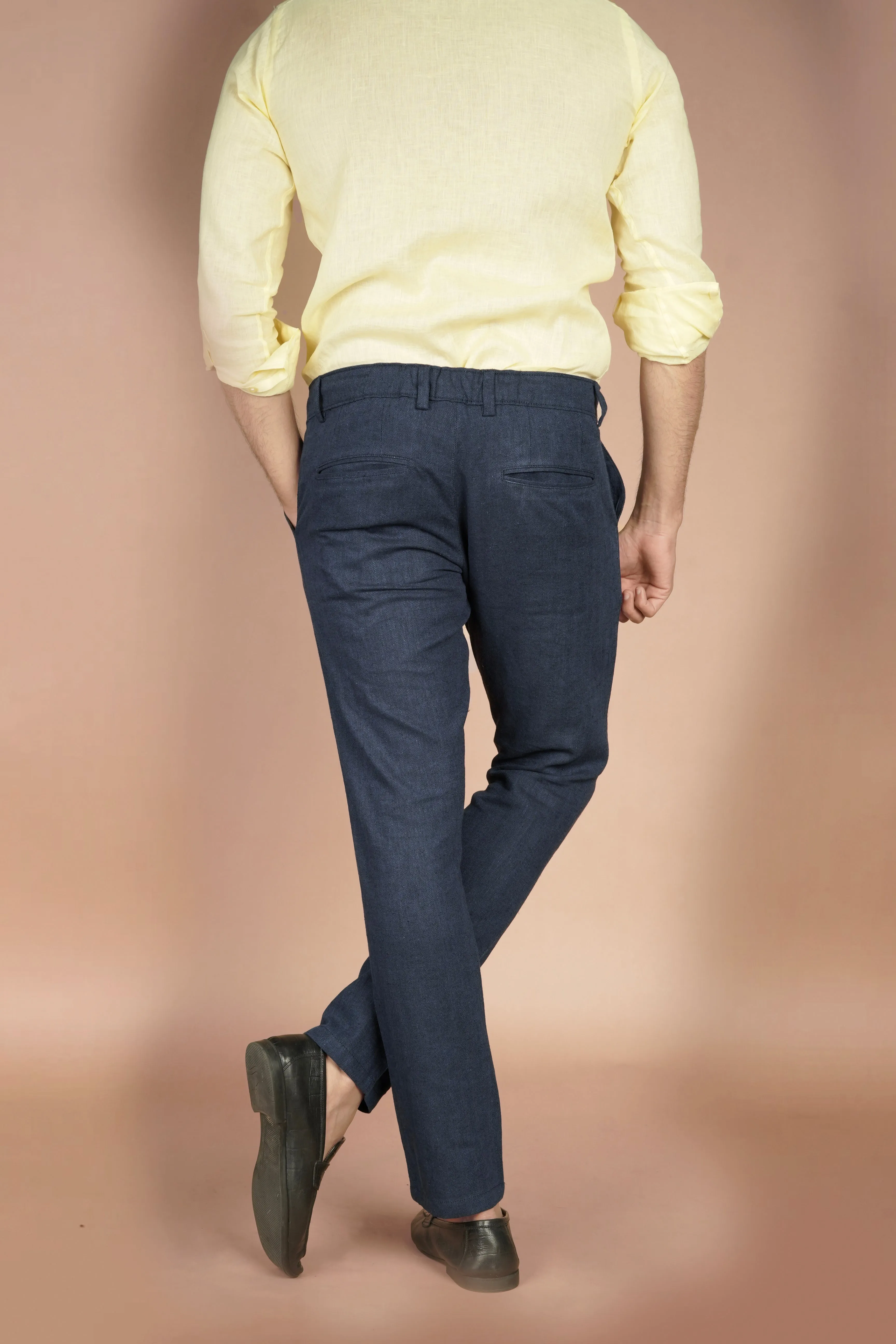 Navy Blue Herringbone Linen Trousers