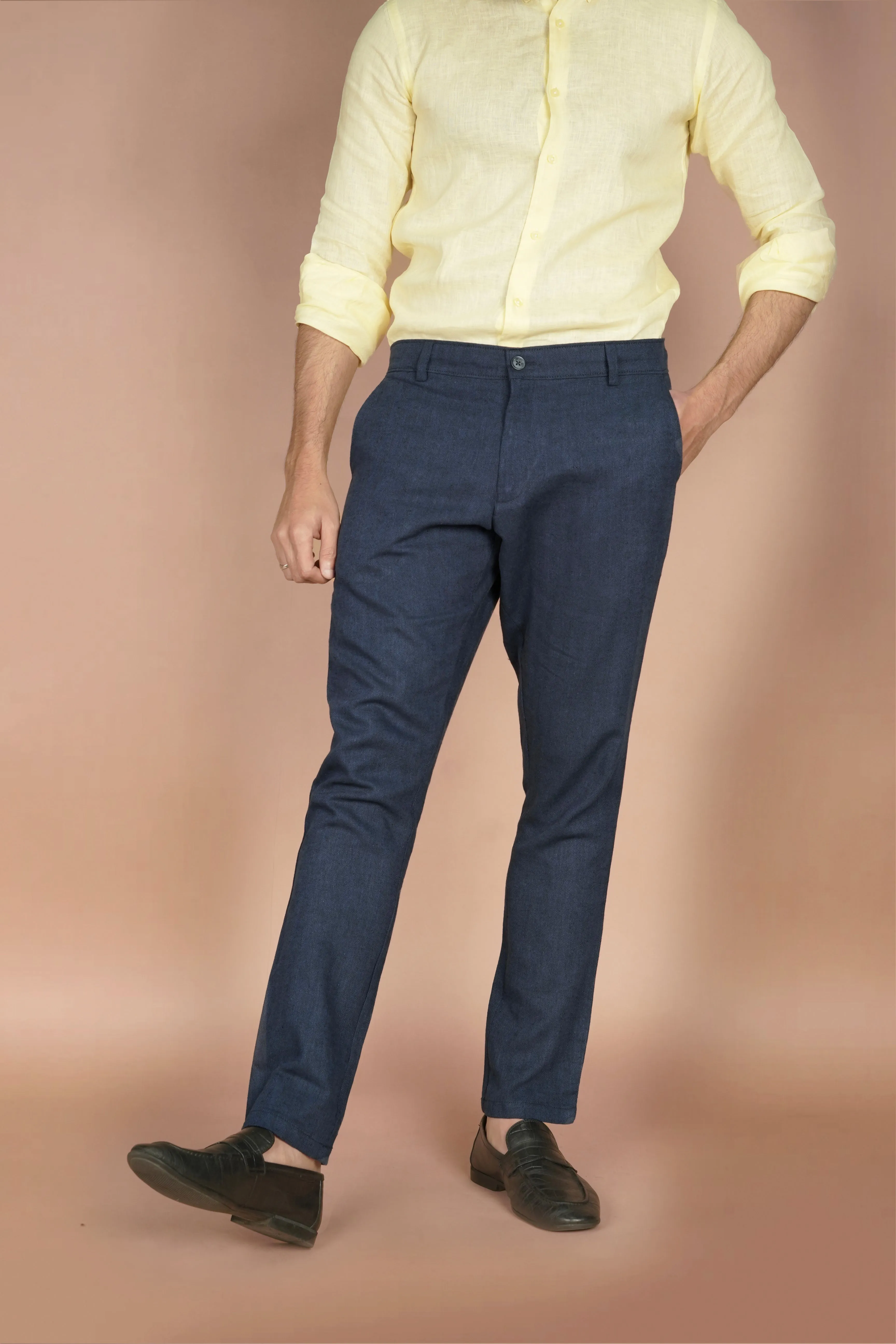 Navy Blue Herringbone Linen Trousers