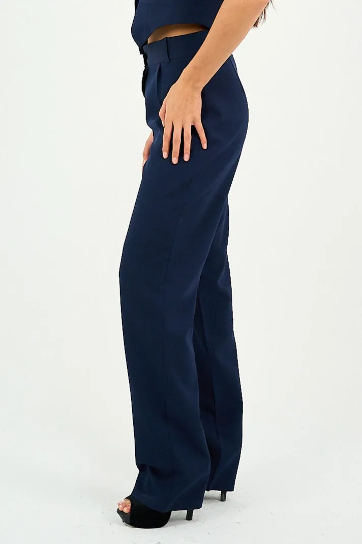 Navy Pleated Straight-Leg Trousers