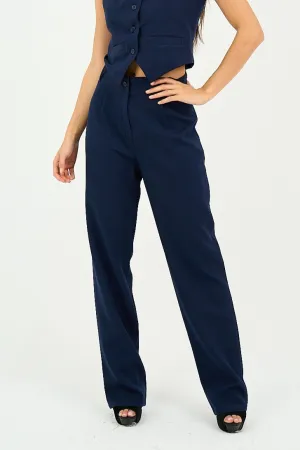 Navy Pleated Straight-Leg Trousers