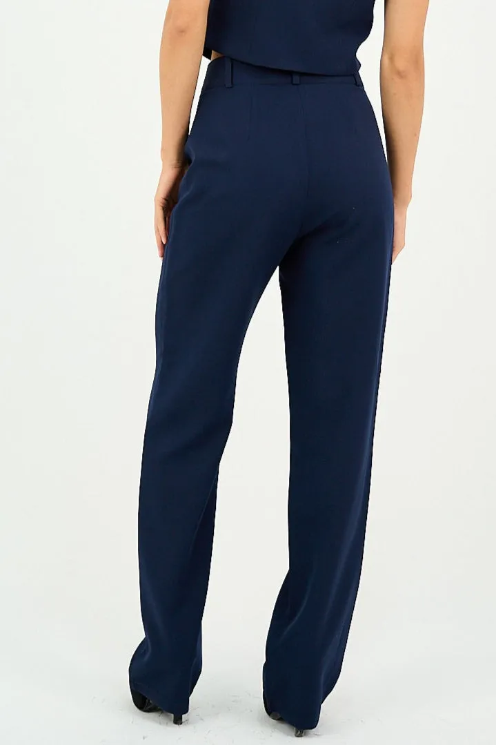 Navy Pleated Straight-Leg Trousers