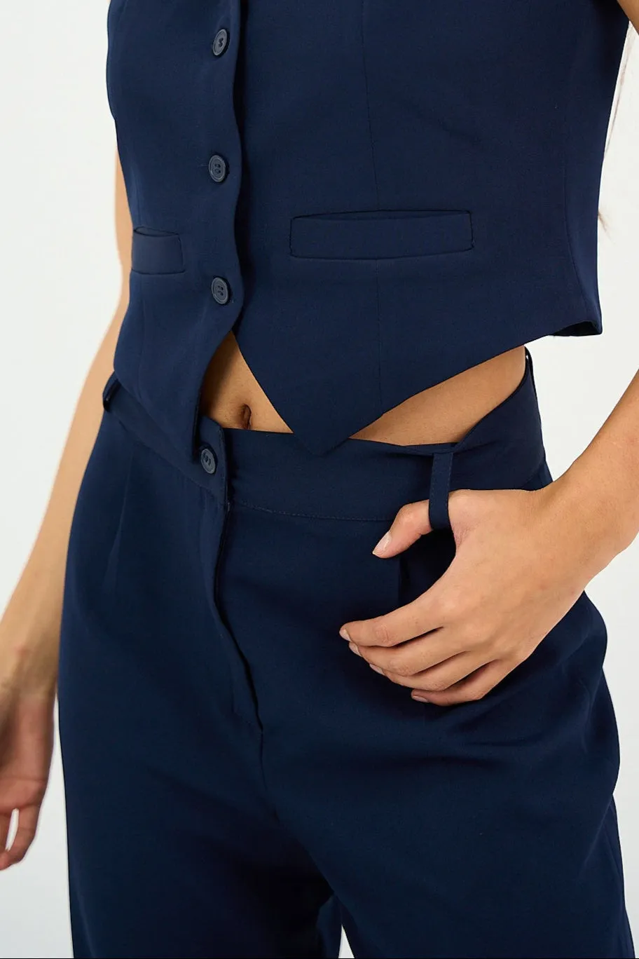Navy Pleated Straight-Leg Trousers