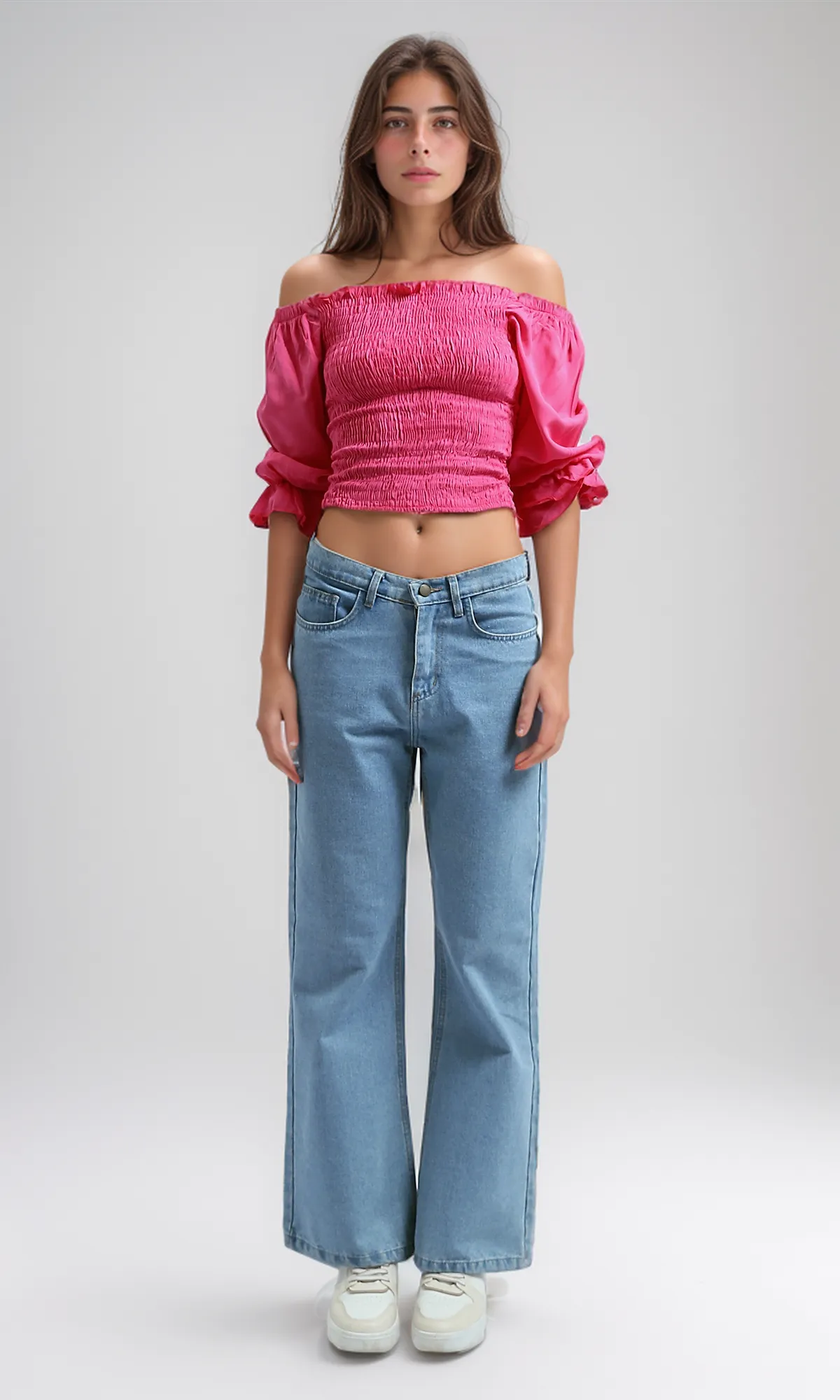 O179196 Square Neck Cropped Tops Long Sleeve -Fushia