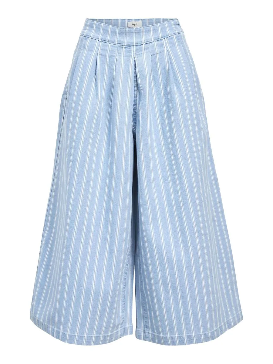 Object Elsie striped wide leg culottes Light Blue Denim