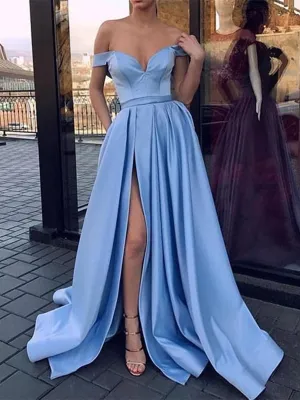 Off Shoulder Light Blue High Slit Prom Dresses, Off Shoulder Formal Dresses, Graduation Dresses