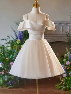 Off the Shoulder Light Champagne Tulle Short Prom Dresses, Light Champagne Homecoming Dresses