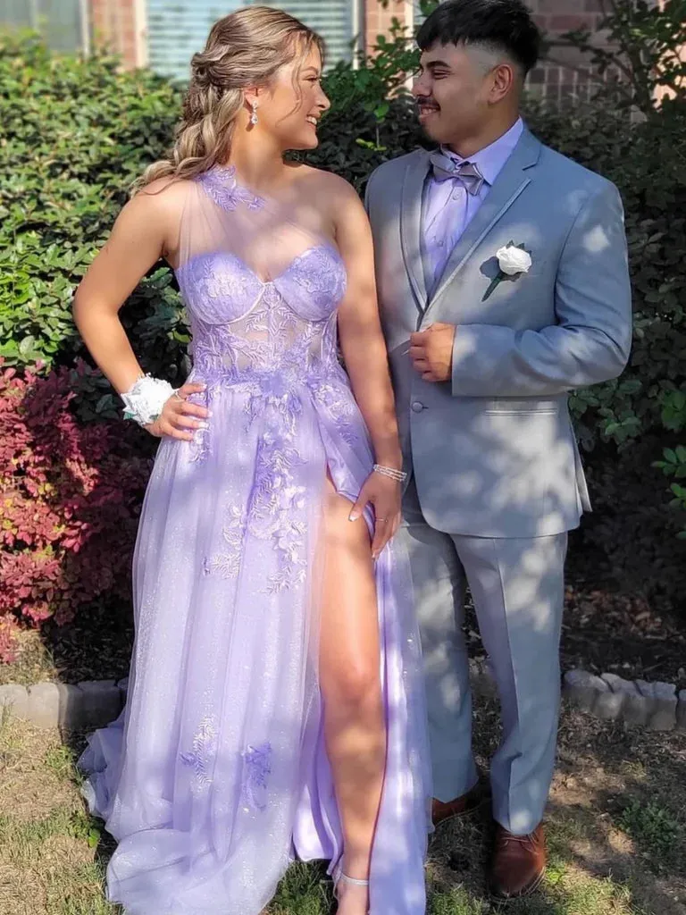One Shoulder Purple Lace Prom Dresses, One Shoulder Purple Lace Formal Evening Dresses