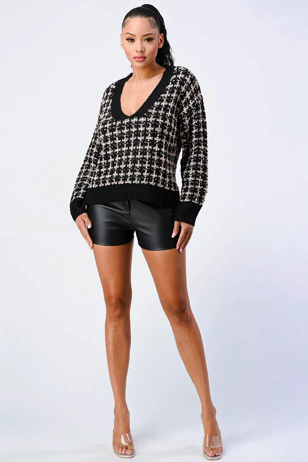 OVERSIZED RELAXED FIT MARLED V-NECK SWEATER TOP