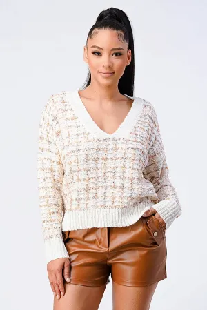 OVERSIZED RELAXED FIT MARLED V-NECK SWEATER TOP